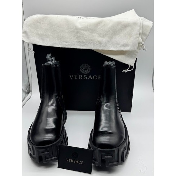 Versace Greca Size 41 Black Leather Ankle Length Boots - Picture 1 of 12